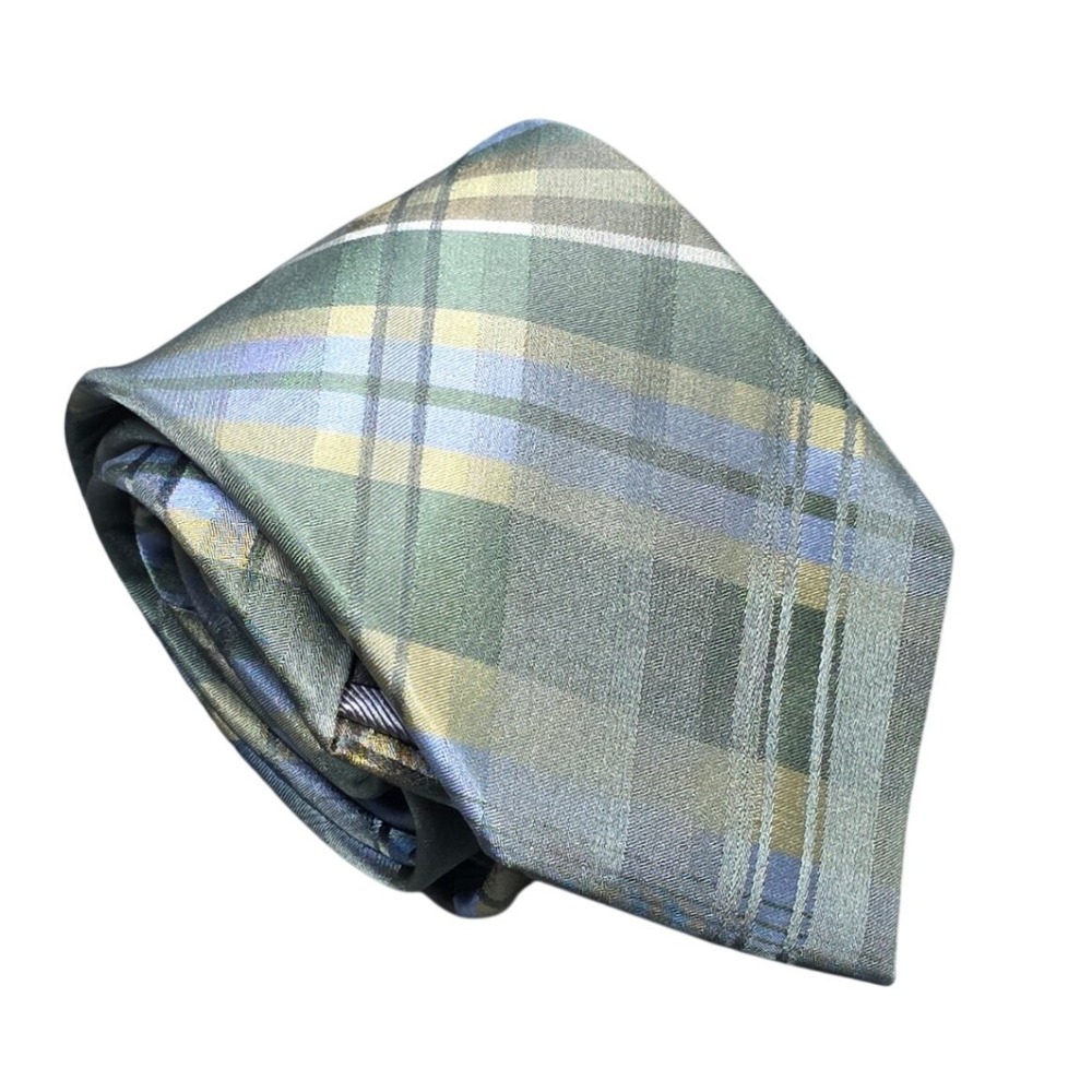 Madison 100% Silk Necktie Men's Green Blue Gold White Plaid Check Classic Tie